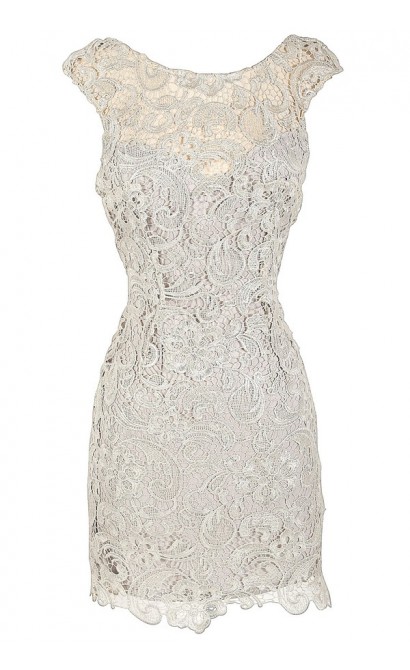 Alythea Silver Metallic Lace Overlay Fitted Dress